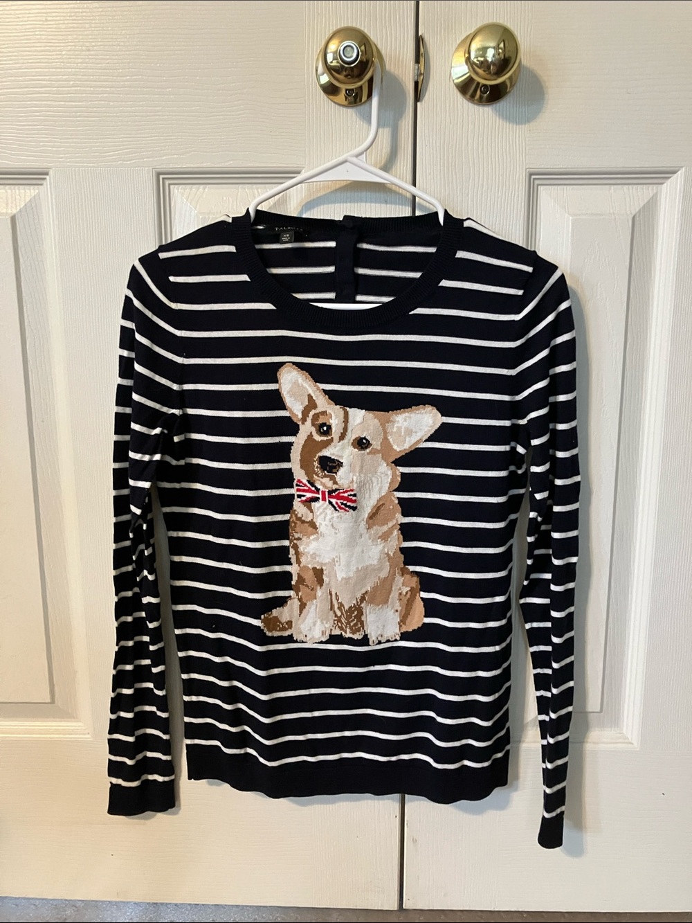 Talbots Navy and White Striped Sweater with Corgi Motif